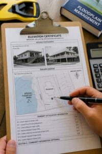 Floodplain and elevation data being reviewed for an elevation certificate and property flood risk assessment
