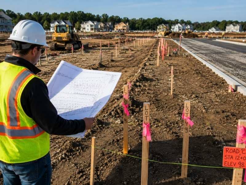 Construction staking survey crew using a total station to stake multiple subdivision lots during roadway and site development construction.
