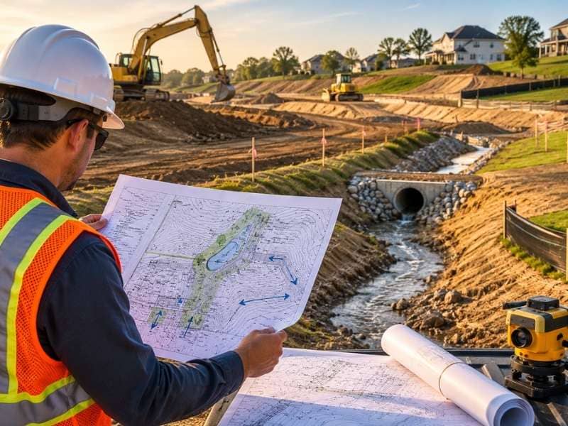 Topographic survey used by a civil engineer to identify drainage issues, drainage paths, and stormwater flow before construction begins.