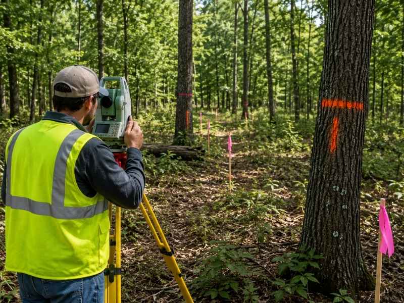 Surveyor Before Clearing Trees on New Land - Huntsville Land Surveying Surveyor marking property boundaries in intact woodland before trees are cleared on undeveloped land