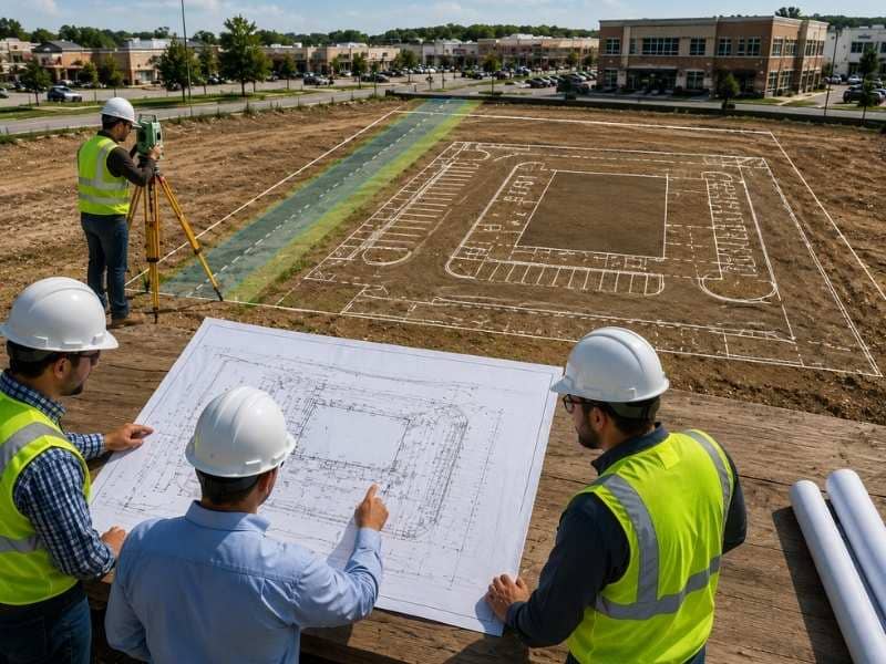Why do developers order an ALTA survey before talking site plans showing surveyors providing a verified property survey while engineers review a commercial site plan.