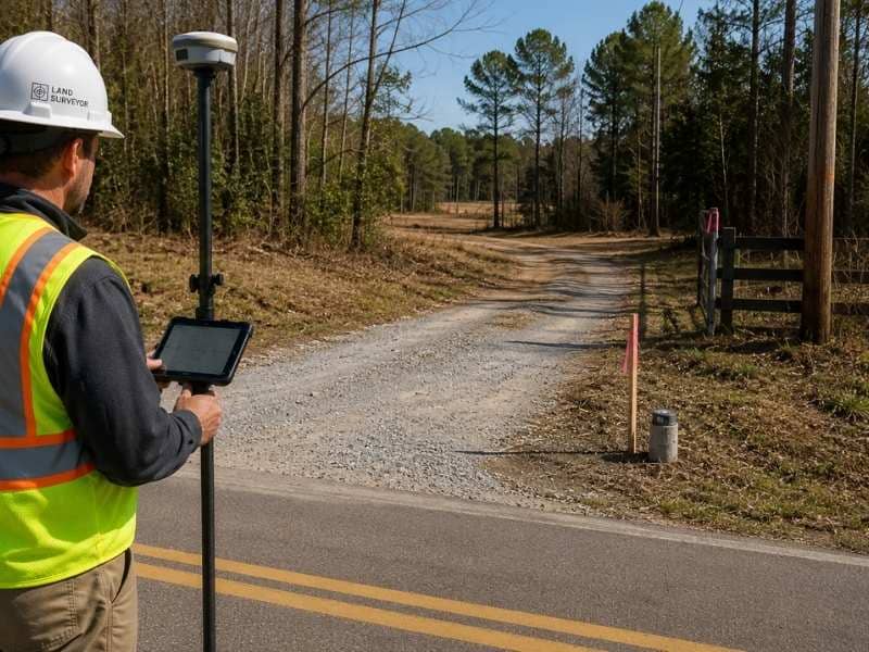 local surveyor check access before you buy land - Huntsville Land Surveying Local surveyor checking property access with an RTK GNSS rover at a gravel driveway to verify legal road access before buying vacant land.