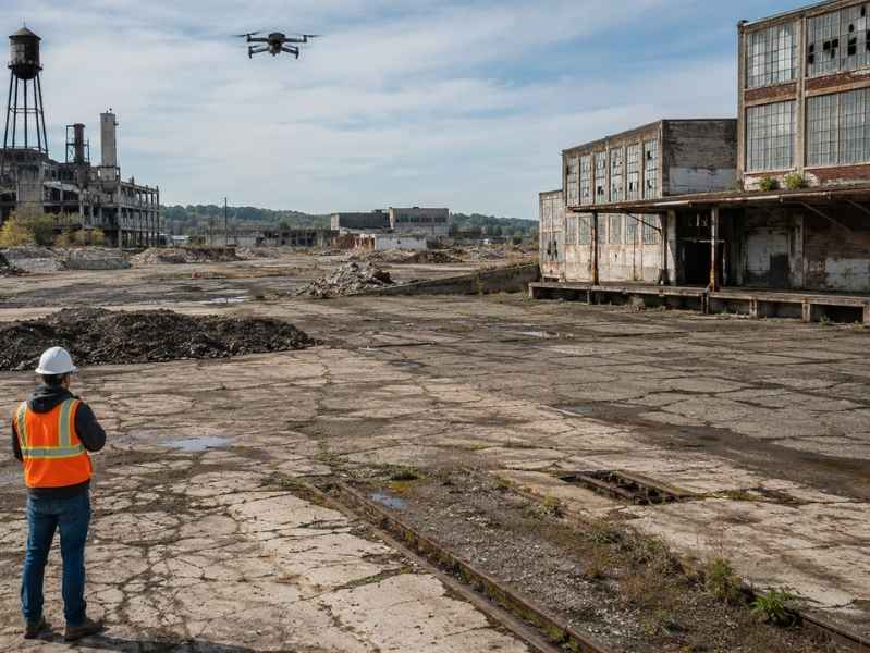 Lidar mapping former industrial sites Huntsville Alabama - Huntsville Land Surveying Drone flies over an abandoned industrial site with cracked pavement, rusted warehouses to the right, and a worker in an orange safety vest and hard hat in the foreground.