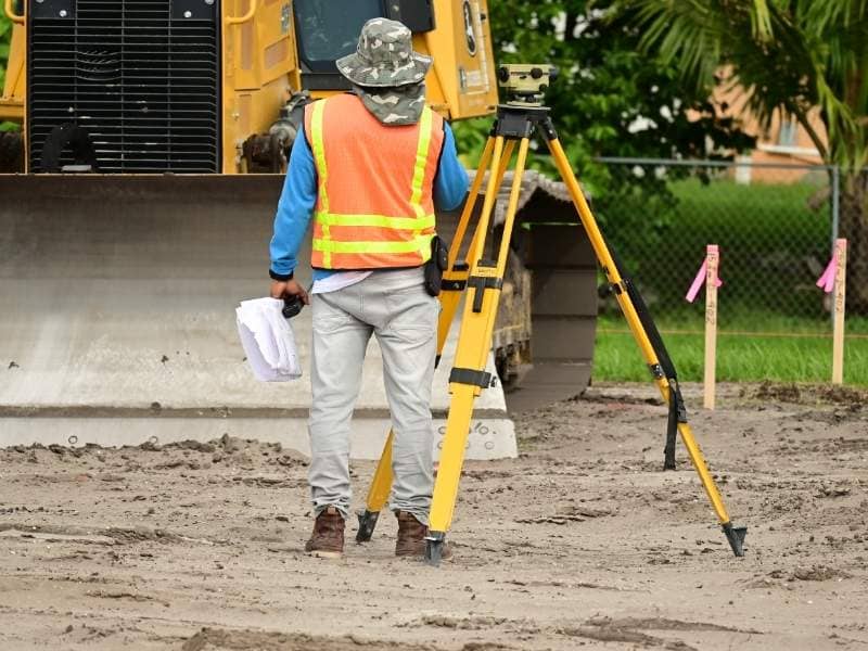 _House Stakeout Huntsville Alabama Foundation Excavation 1 - Huntsville Land Surveying Construction worker in an orange safety vest and camouflage hat stands on a dirt site overseeing a tripod survey instrument with a large yellow machine nearby.